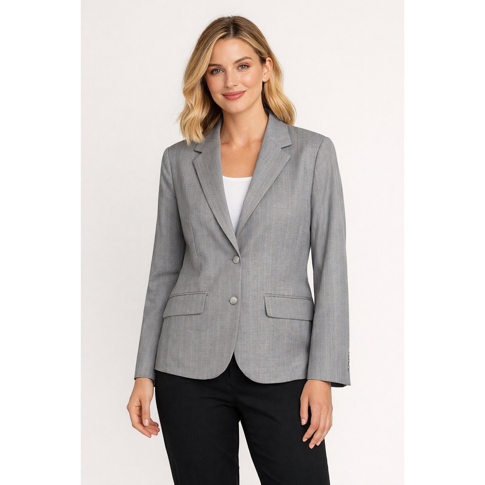 Pendleton Grey Pinstripe Savvy Stretch Wool Blazer Jacket Size 8 Lavender Lining